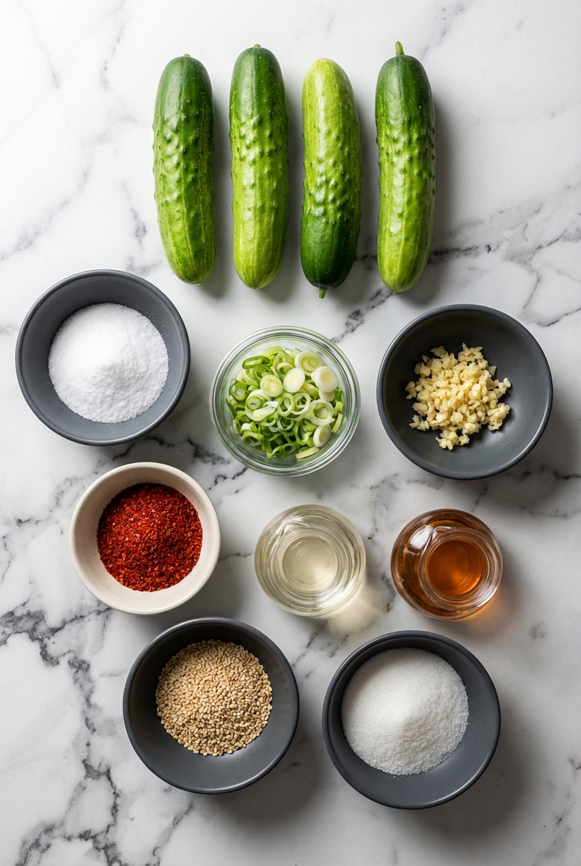 Flat lay of Gochugaru, Persian cucumbers, and rice vinegar on a white marble surface for Crushed Cucumber Salad Korean.