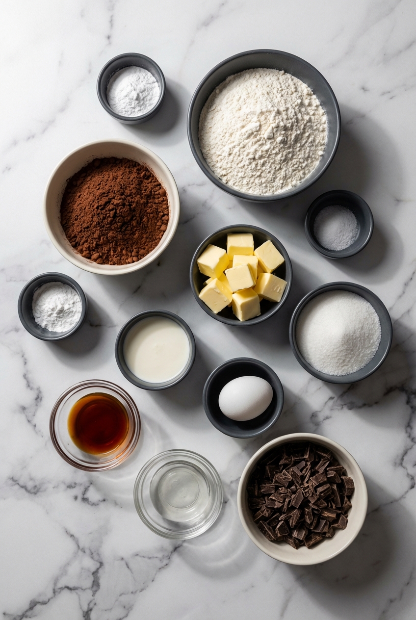 Flat lay of ingredients for Homemade Thin Mint Cookies including Dutch-process cocoa, espresso powder, and peppermint extract on marble.