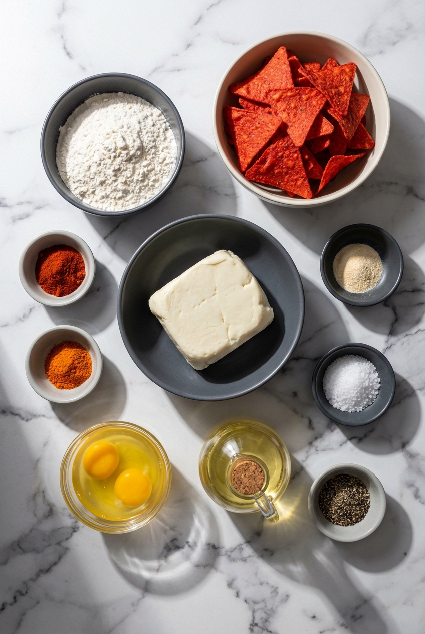 Flat lay of low-moisture mozzarella, crushed chips, and egg wash for fried cheese stuffed doritos on a contemporary countertop.