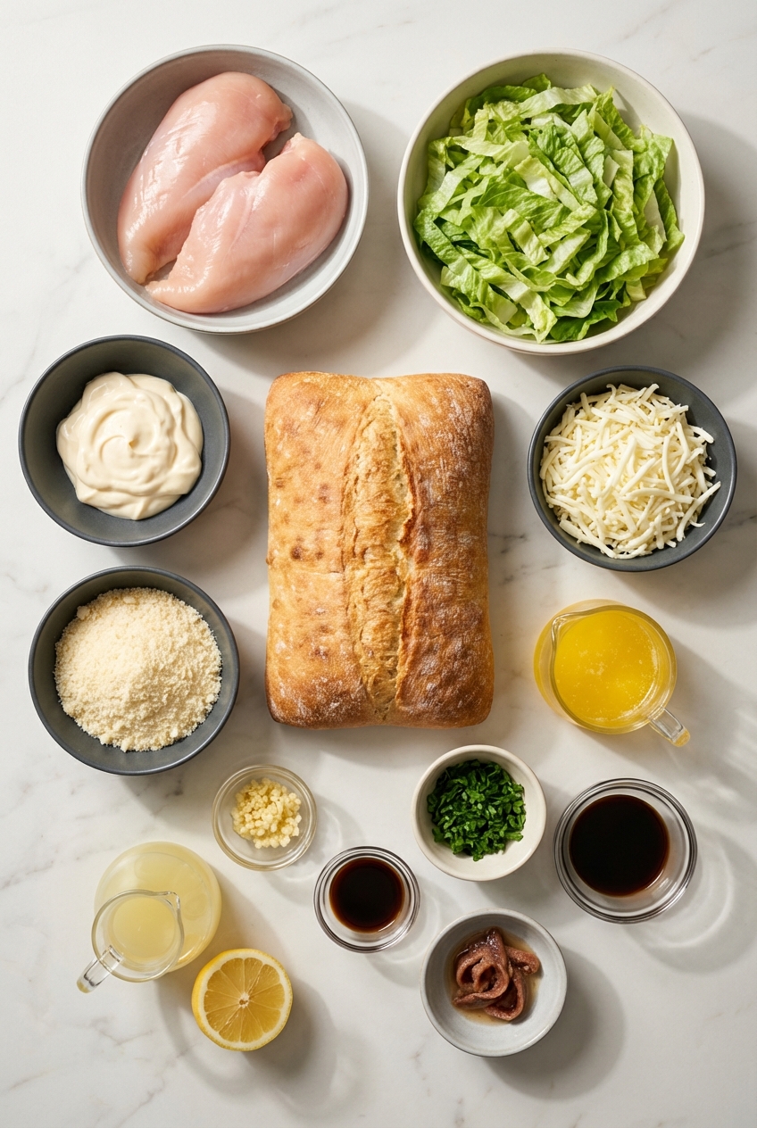 Flat lay of ingredients for Garlic Bread Chicken Caesar Sandwiches including ciabatta, Parmigiano-Reggiano, and chicken breast on marble.