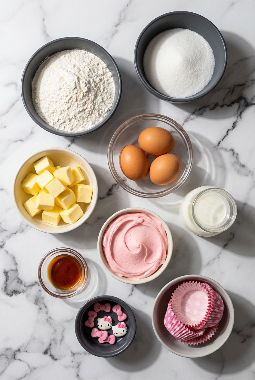 Overhead flat lay of ingredients for Hello Kitty Cupcakes including buttercream, fondant, and fresh apples on a contemporary countertop.