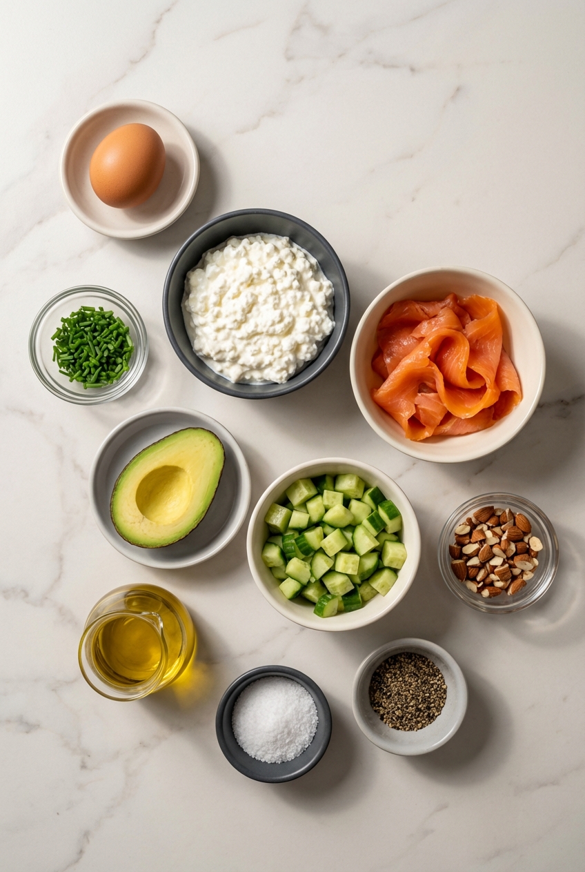 Flat lay of cold-smoked salmon, soft-boiled egg, and Good Culture cottage cheese on a white marble countertop.