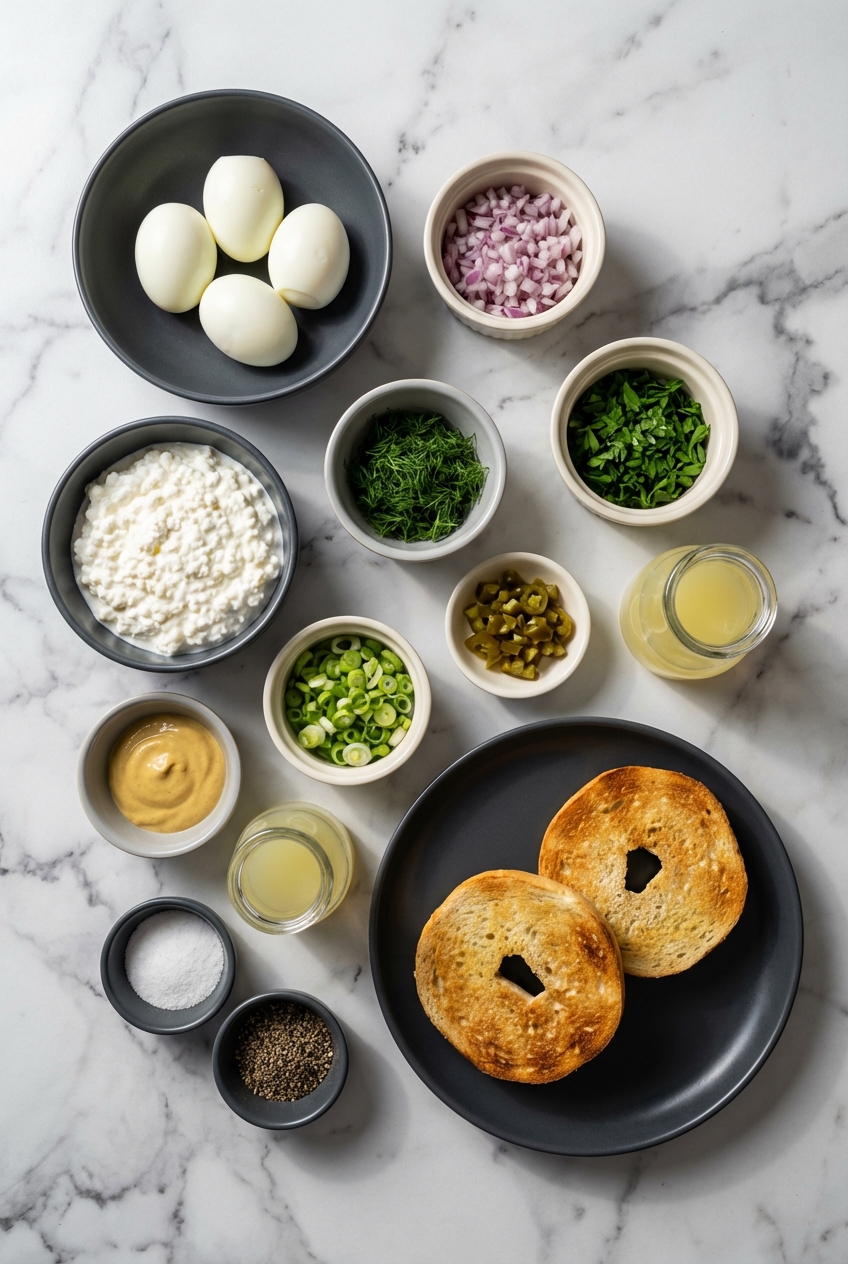 Flat lay of hard-boiled eggs, small curd cottage cheese, and Dijon mustard for egg salad on a contemporary countertop.