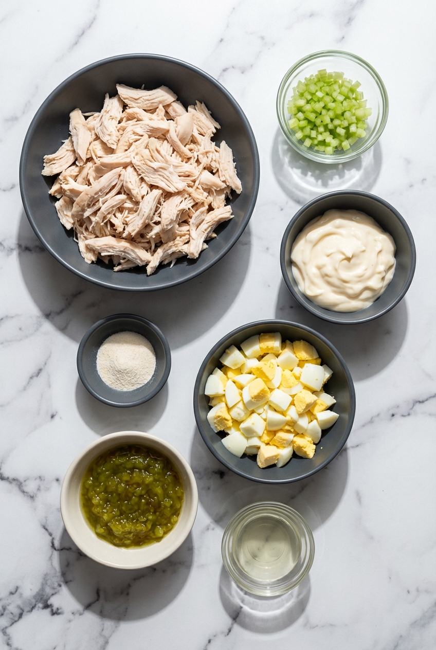 Flat lay of ingredients for Old Southern Chicken Salad (25g Protein) including shredded chicken breast, eggs, and celery on a contemporary countertop.