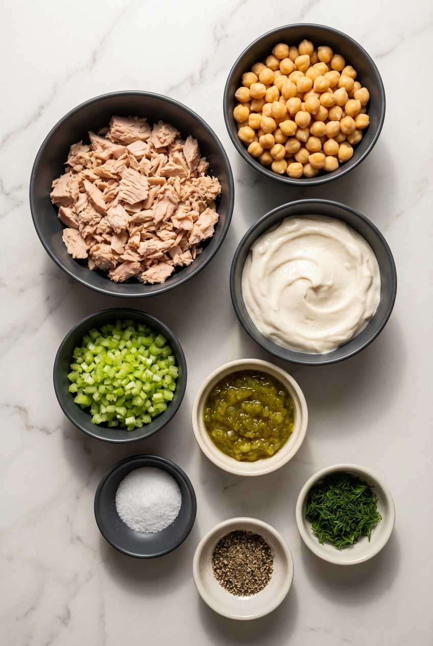 Flat lay of Albacore tuna, chickpeas, and cottage cheese for Tuna Salad (20g Protein) on a contemporary countertop.