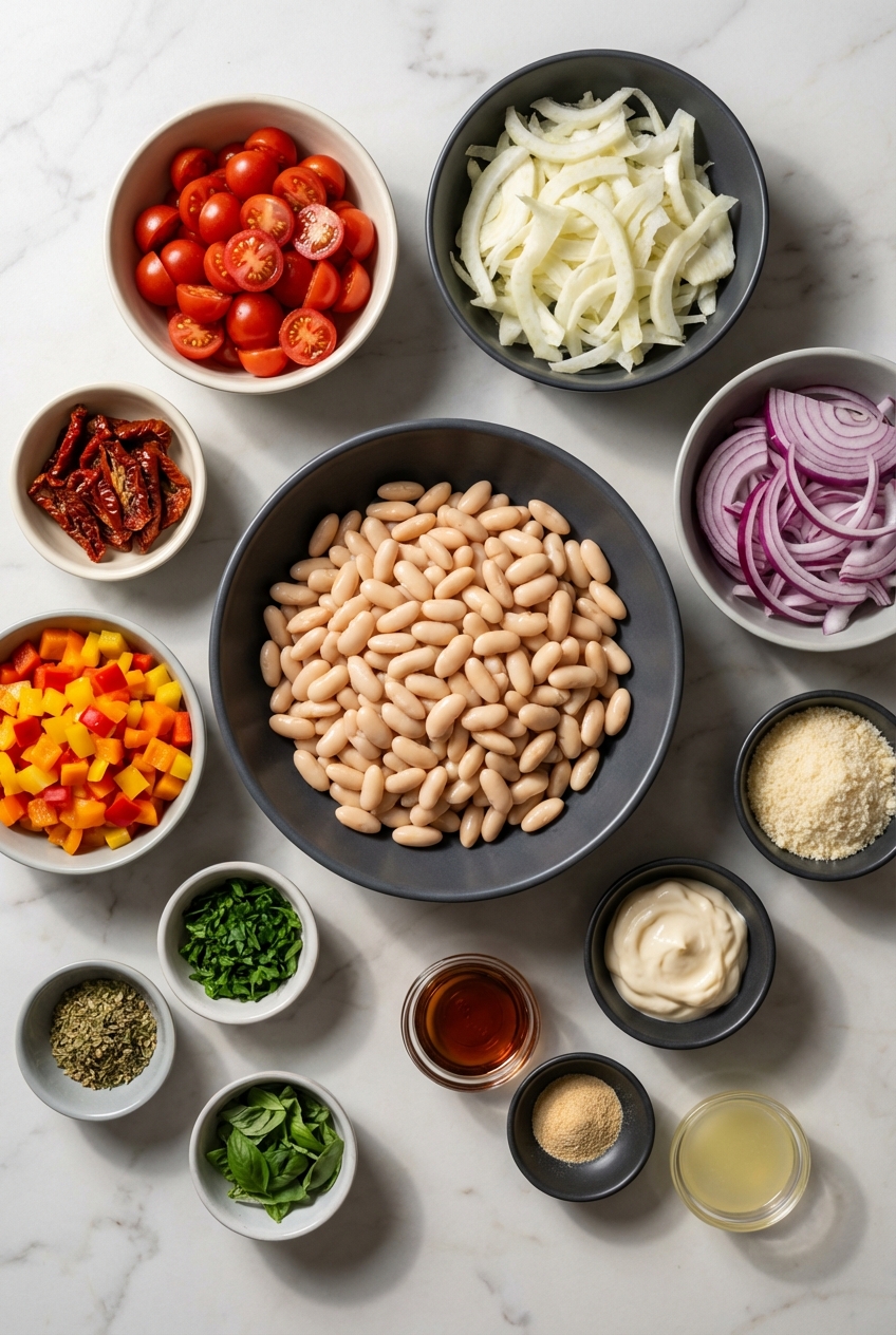 Flat lay of Cannellini beans, fennel bulb, and extra virgin olive oil on a contemporary white marble countertop.