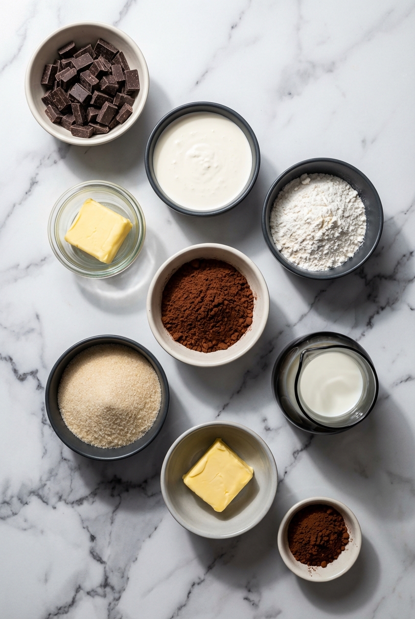 Flat lay of Mochiko, glutinous rice flour, Dutch-processed cocoa, and espresso powder on a contemporary countertop.