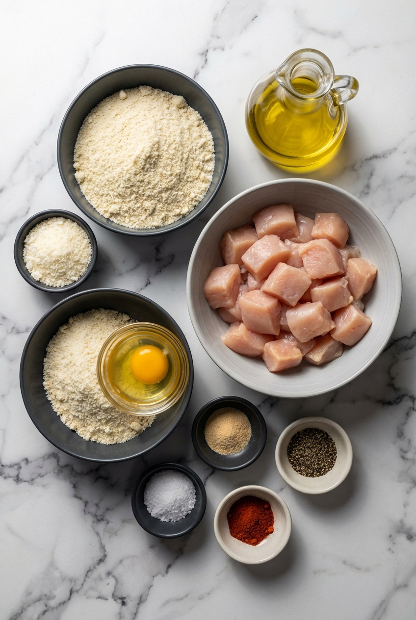 Overhead view of ground chicken, pork rind panko, cottage cheese, and avocado oil for Keto Chicken Nuggets on a white marble surface.