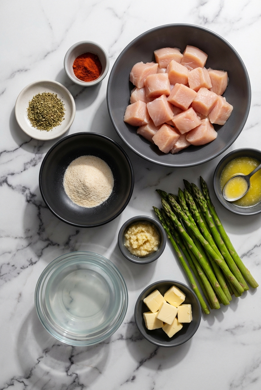 Flat lay of raw Chicken Breast, fresh Asparagus, and Lemon Zest on a contemporary countertop for Keto Lemon Garlic Butter Dinner.