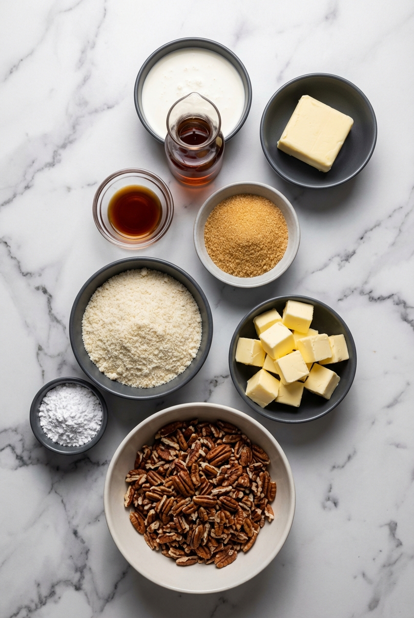 Flat lay of pecans, almond flour, and erythritol for a Keto Pecan Square Recipe on a contemporary countertop.