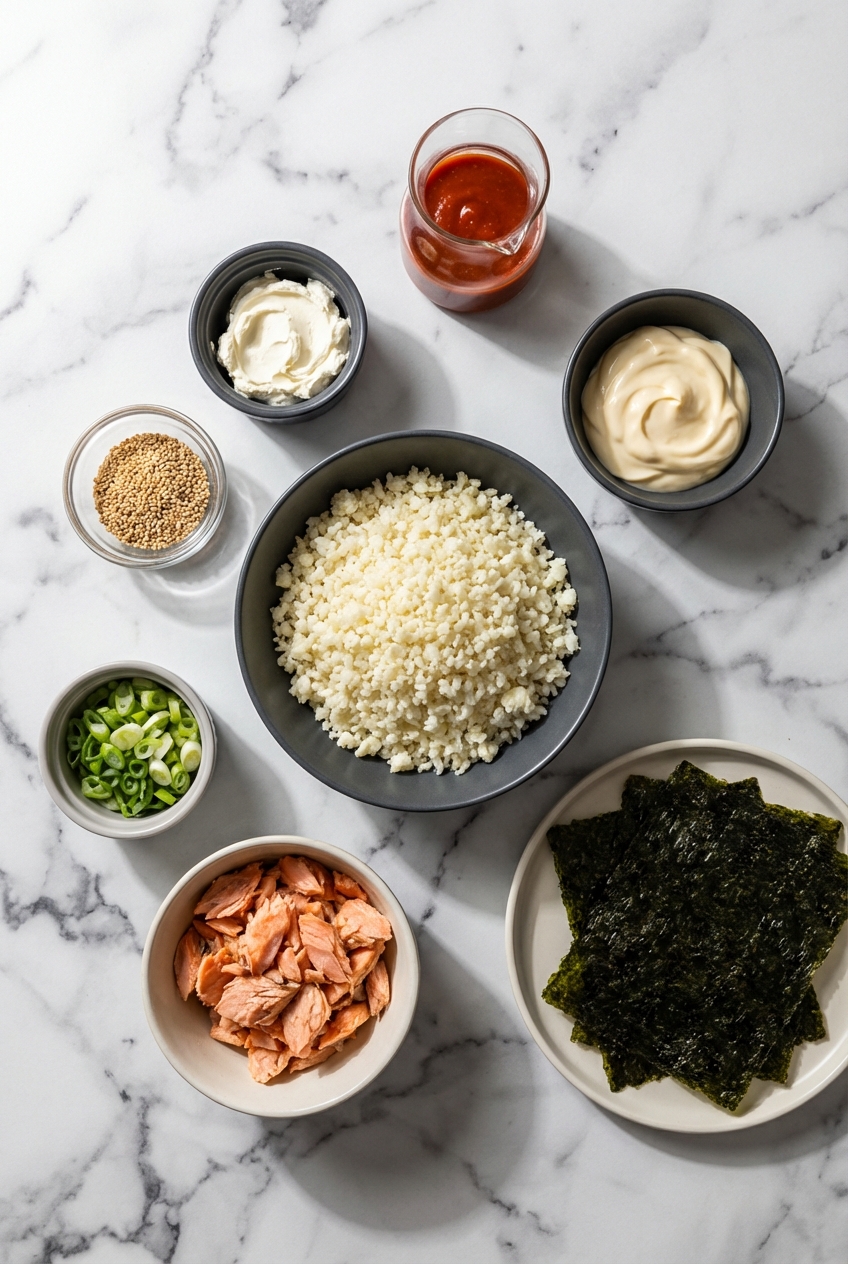 Flat lay of Keto Sushi Bake ingredients including cauliflower rice, nori sheets, and sriracha mayo on a contemporary countertop.