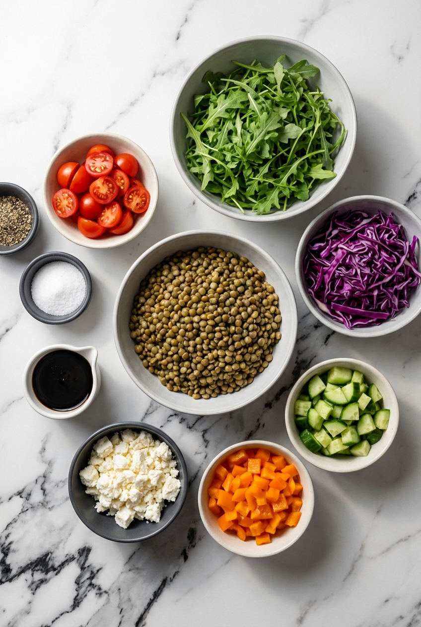 Lentil and Feta Rainbow Salad (13g Protein) ingredients flat lay