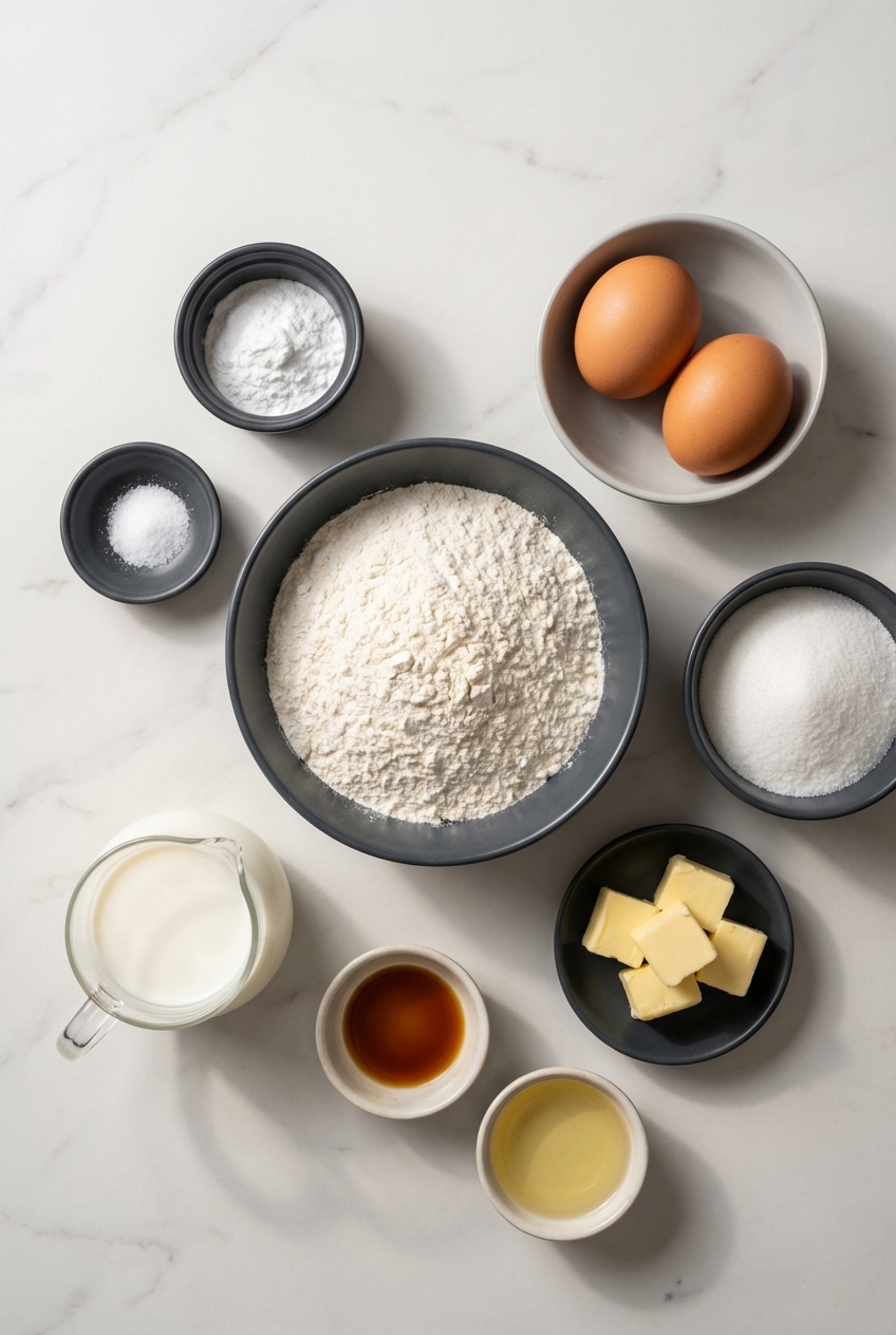Flat lay of Vanilla Cupcakes ingredients including all-purpose flour, caster sugar, and unsalted butter on a marble countertop.