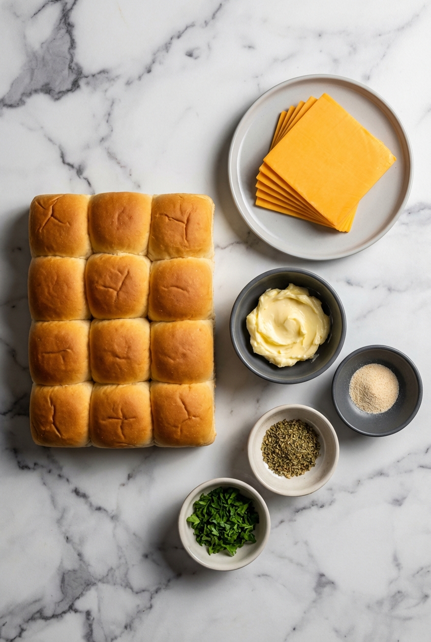 Flat lay of King's Hawaiian Rolls, sharp cheddar cheese, and compound butter for Mini Grilled Cheese Hawaiian Rolls on a white countertop.