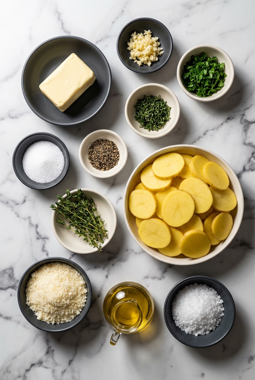 Flat lay of Yukon Gold potatoes, miso paste, and Parmigiano Reggiano on a contemporary white countertop in natural light.