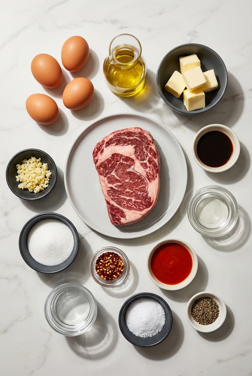 Flat lay of raw ribeye, fresh eggs, and miso paste for Steak & Eggs on a contemporary marble countertop.