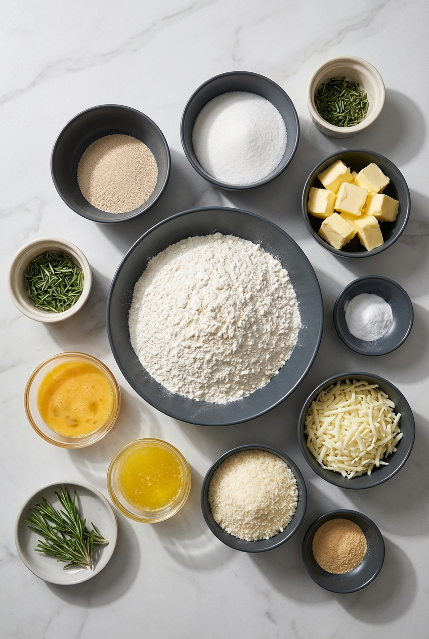 Overhead flat lay of bread flour, fresh rosemary, grated parmesan, and mozzarella for Mozzarella Stuffed Rosemary Parmesan Soft Pretzels.