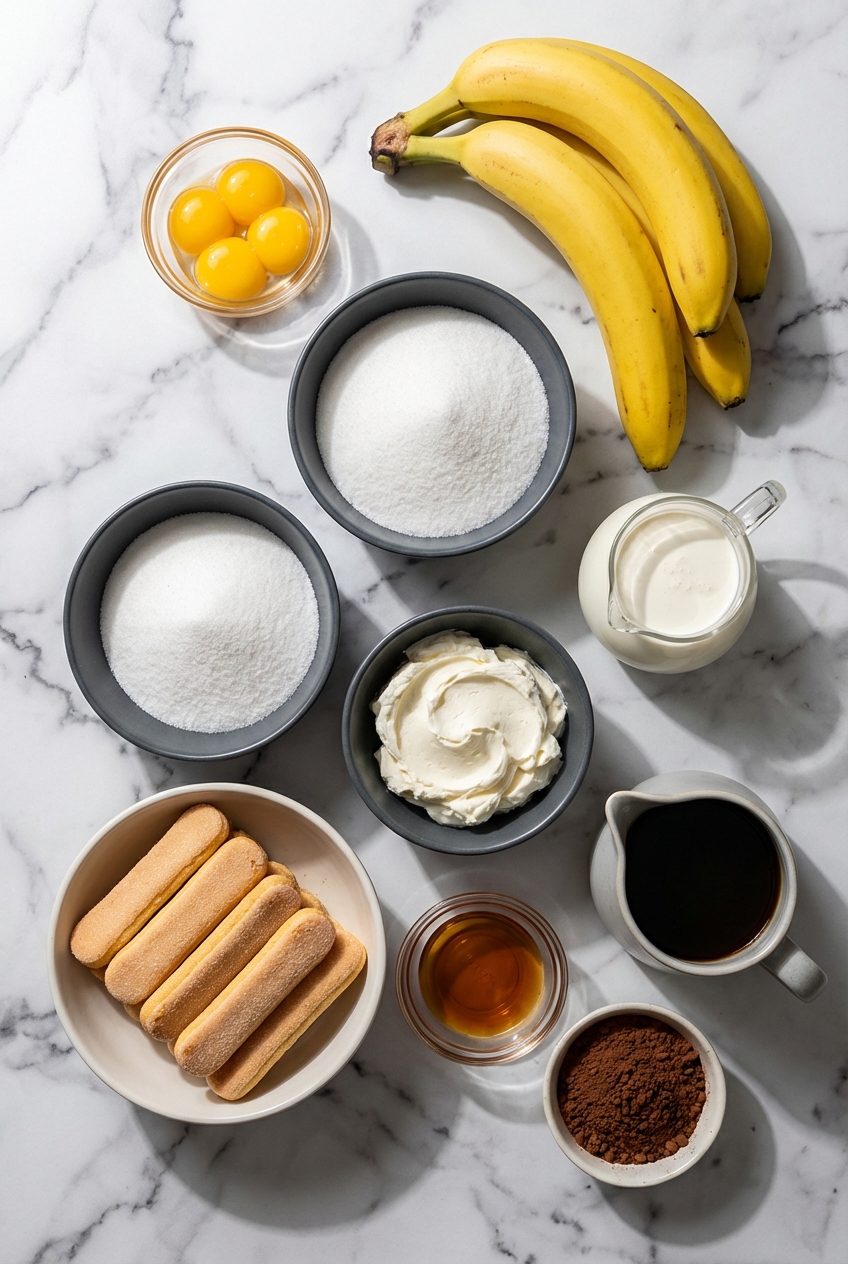 Flat lay of ingredients for no bake banana pudding tiramisu including Savoiardi, Mascarpone, and bananas on a white marble surface.
