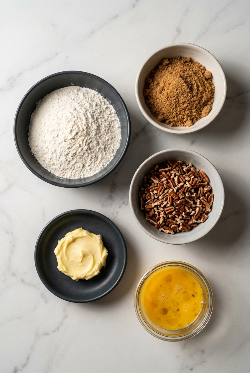 Flat lay of ingredients for Pecan Pie Brown Sugar Muffins including pekans, brown butter, and molasses on white marble.