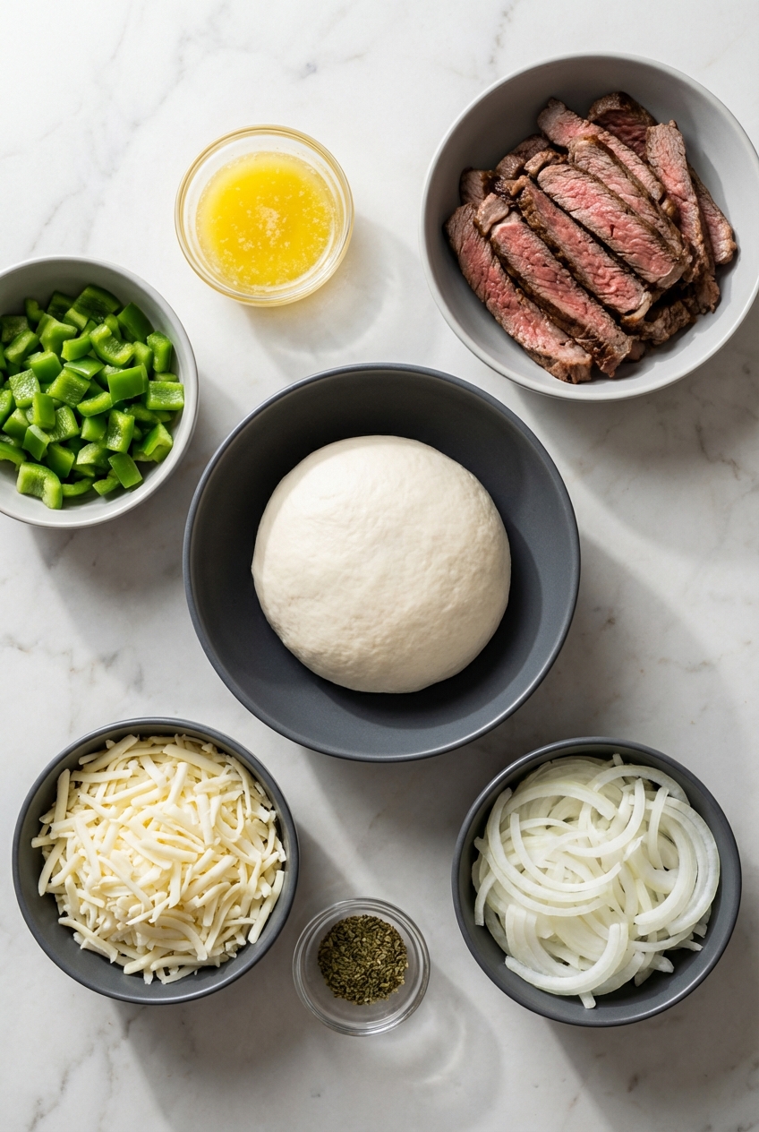 Overhead flat lay of ribeye steak, provolone cheese, and bell peppers for Philly Cheesesteak Stuffed Cheesy Breadsticks on marble.