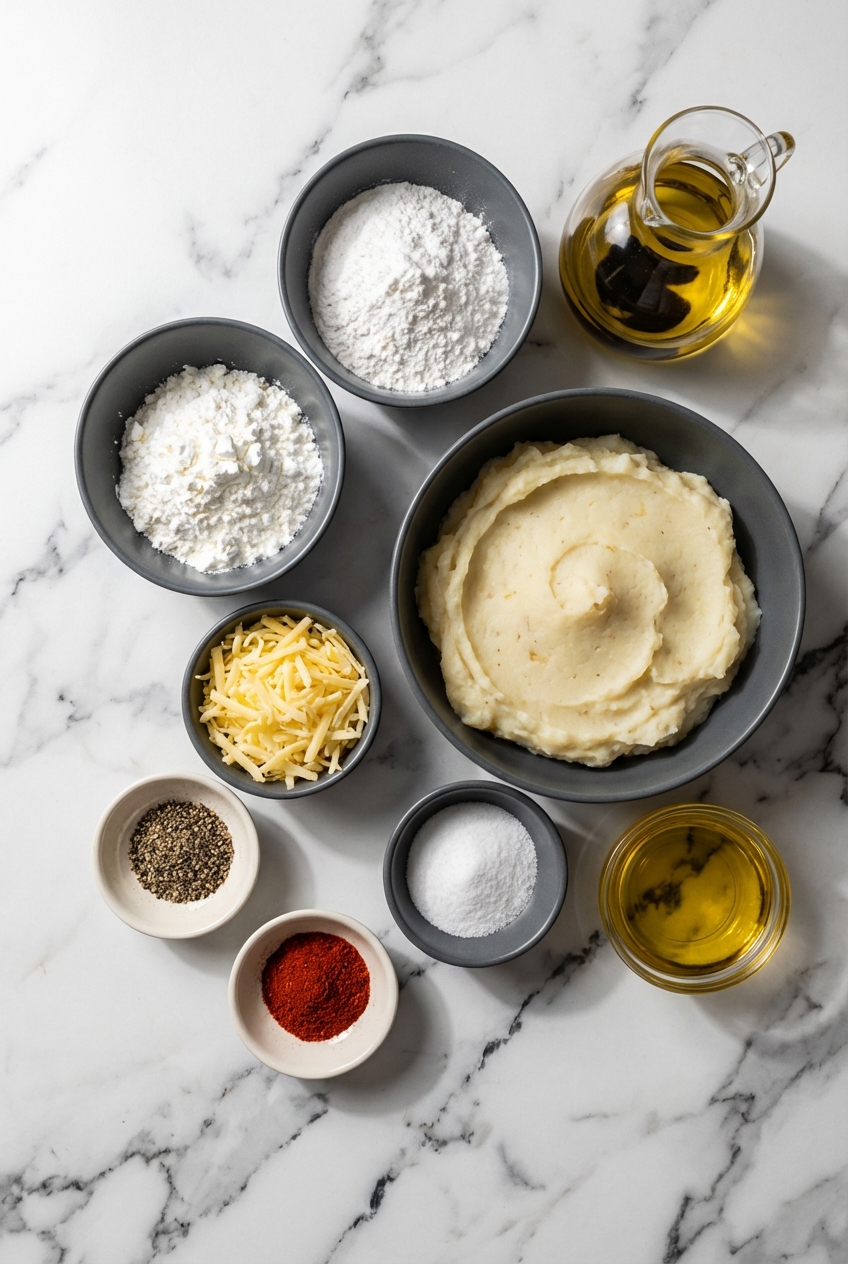 Flat lay of Russet potatoes, mozzarella cheese, and starches on a contemporary countertop with natural window lighting.