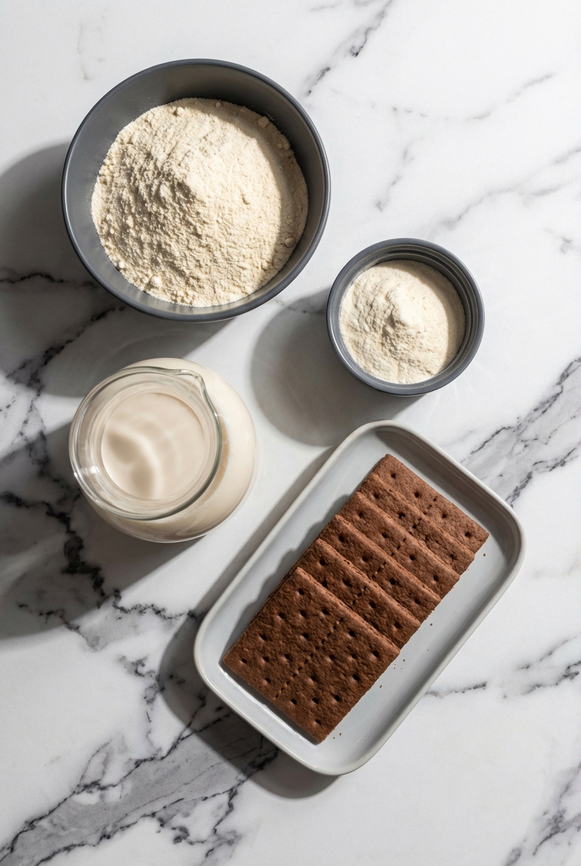 Flat lay of whey isolate, casein protein, and almond milk for a Protein Ice Cream Sandwich on a white marble surface.