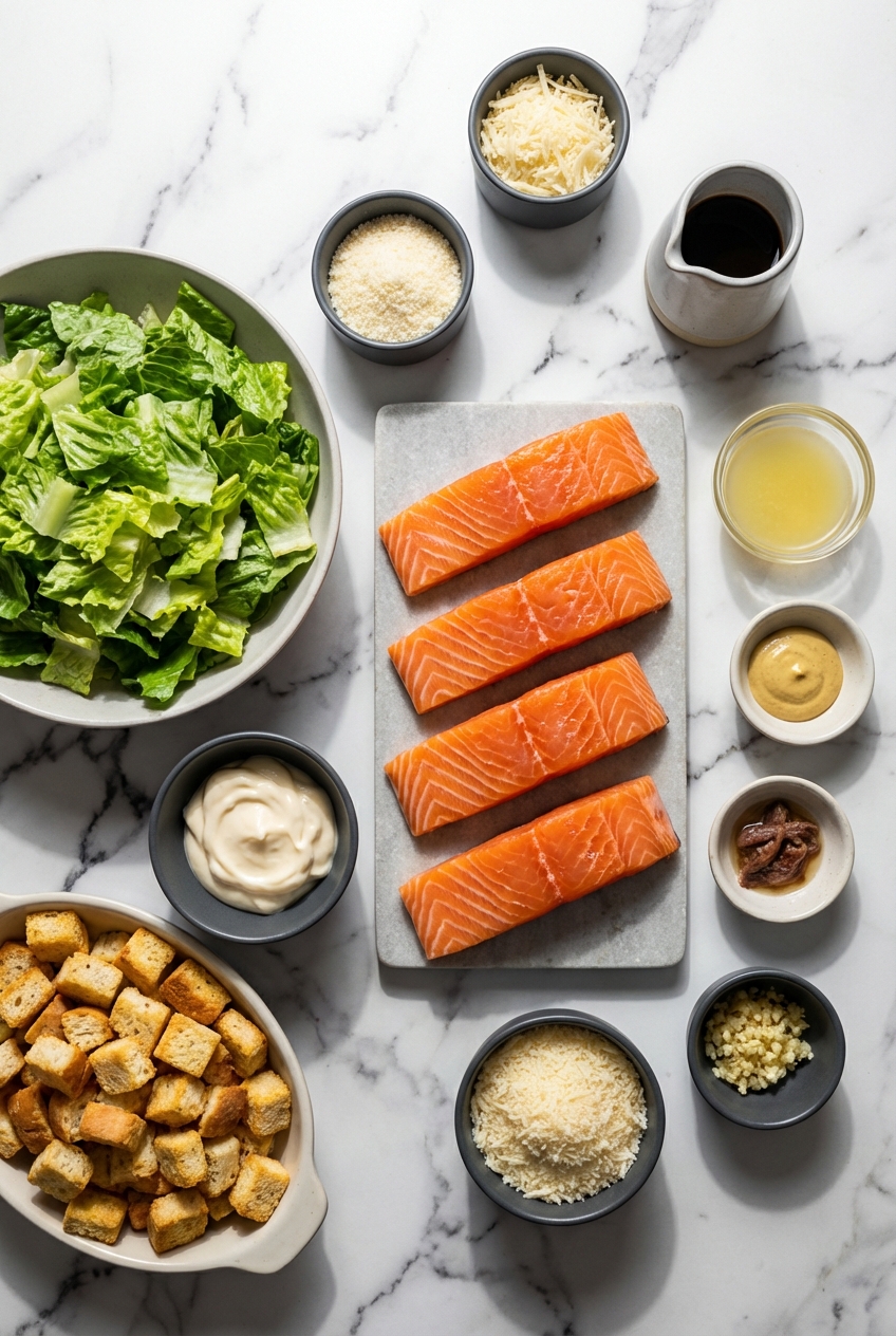 Overhead view of salmon fillets, romaine hearts, and parmesan cheese for Salmon Caesar Salad With Hard Boiled Egg on a marble countertop.
