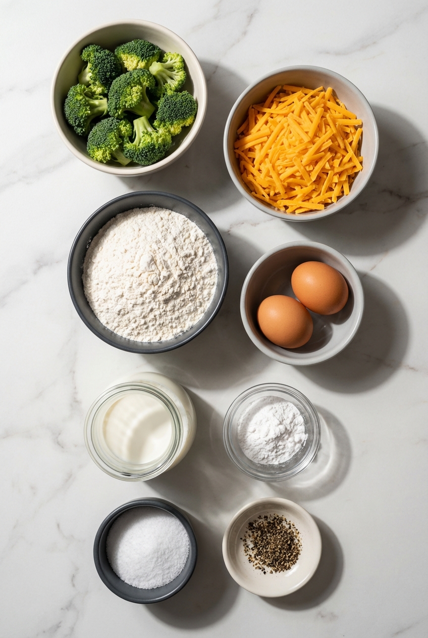 Flat lay of broccoli florets, sharp white cheddar, and whole wheat flour for broccoli cheese waffles on a marble surface.