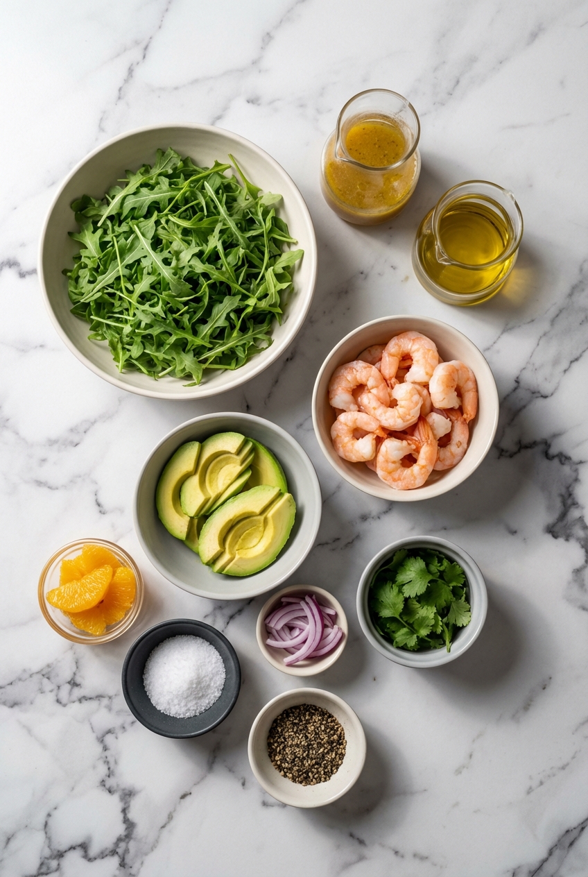 Flat lay of ingredients for Shrimp & Avocado Citrus Salad including wild-caught shrimp, Hass avocado, and fresh arugula on marble.