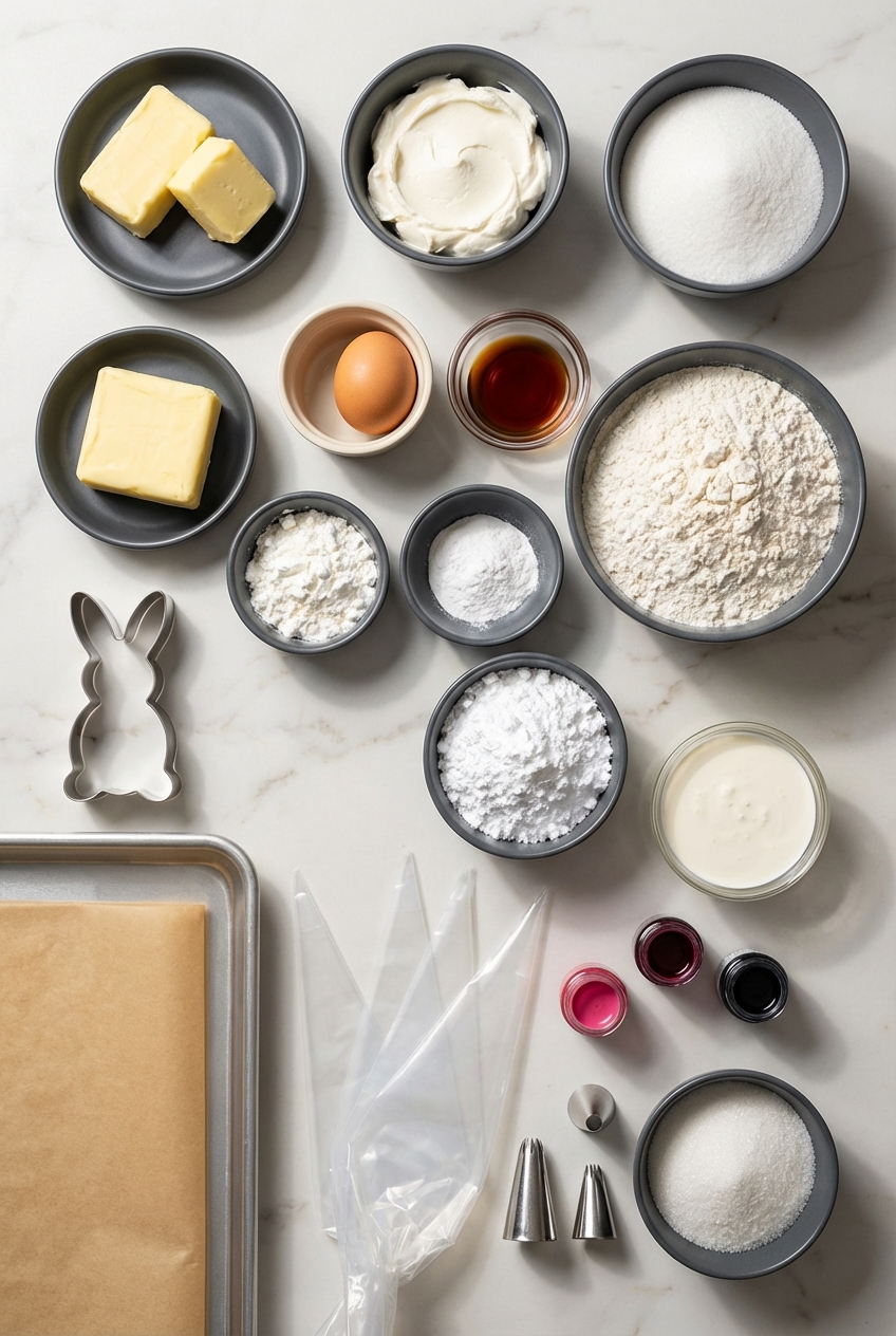 Flat lay of ingredients for Soft Buttercream Bunny Cookies including cream cheese, cornstarch, and malted milk powder on a white marble surface.