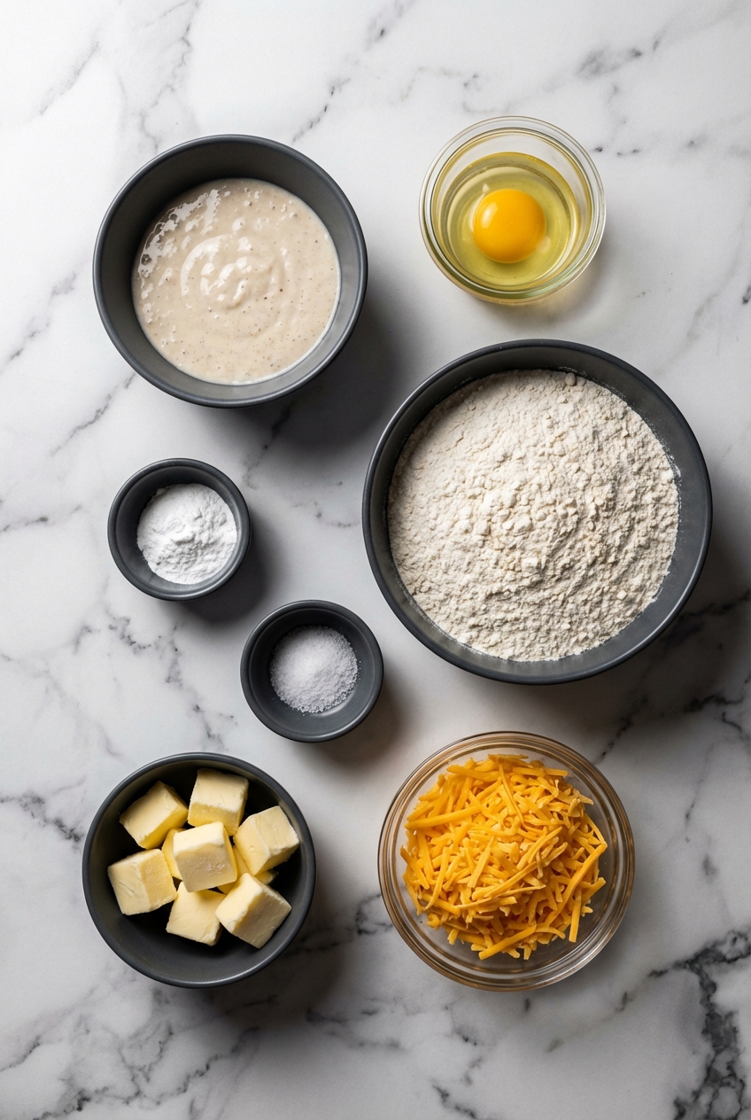 Flat lay of sourdough discard, cold butter, and all-purpose flour in a ceramic bowl on a contemporary marble surface.