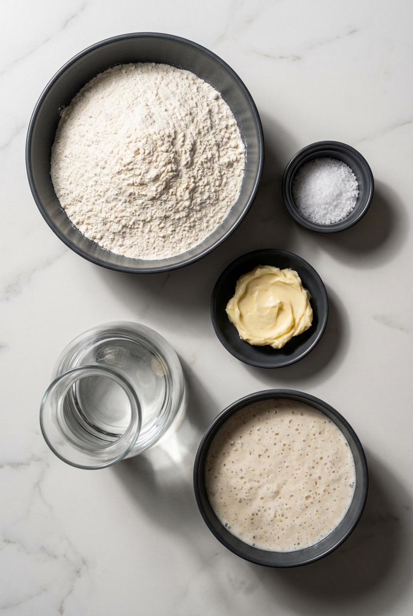 Flat lay of sourdough discard, all-purpose flour, and spices in minimalist ceramic vessels on a contemporary countertop.