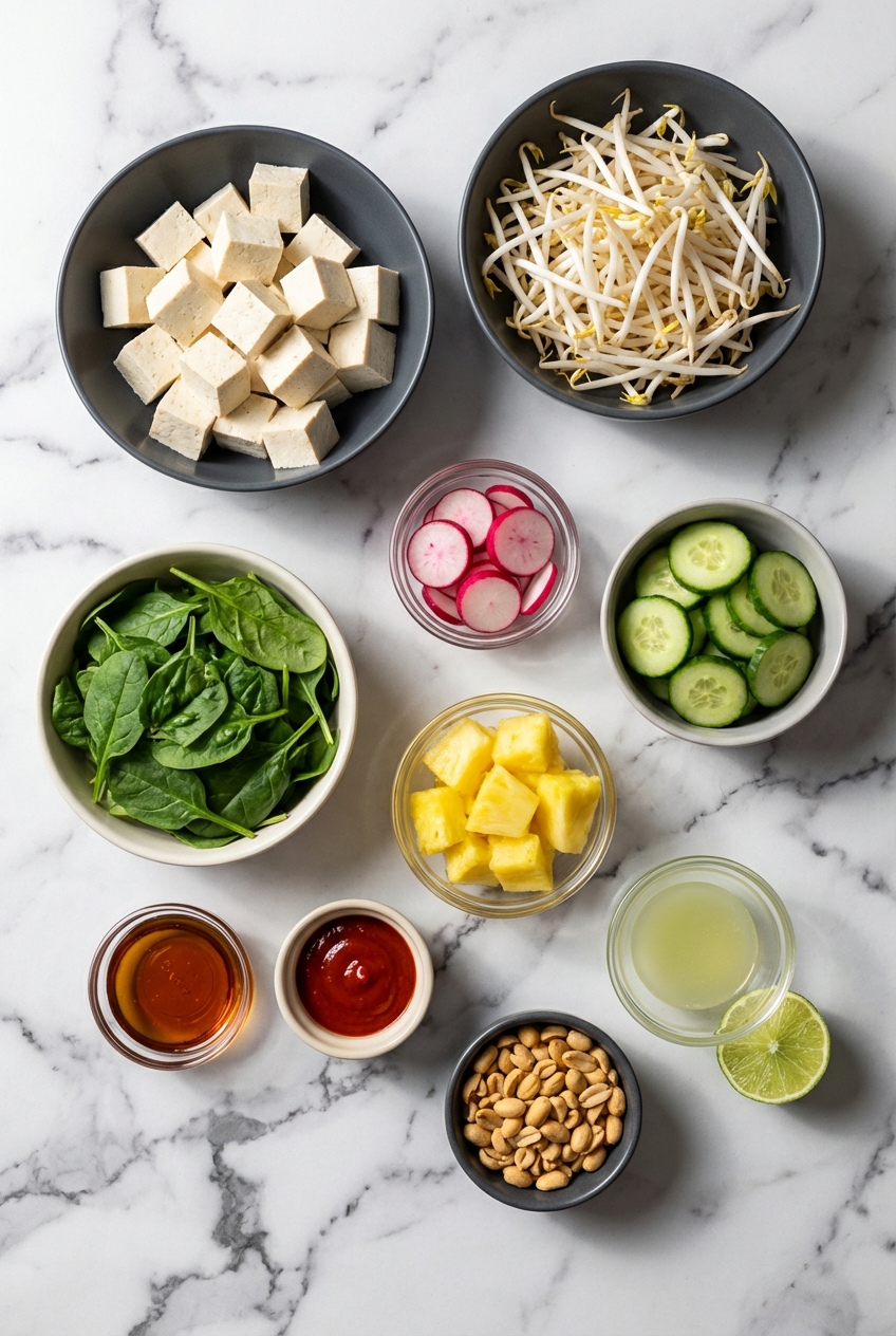 Flat lay of Spicy Tofu Salad (14g Protein) ingredients including Firm Tofu, Sriracha, and Maple Syrup on a contemporary countertop.