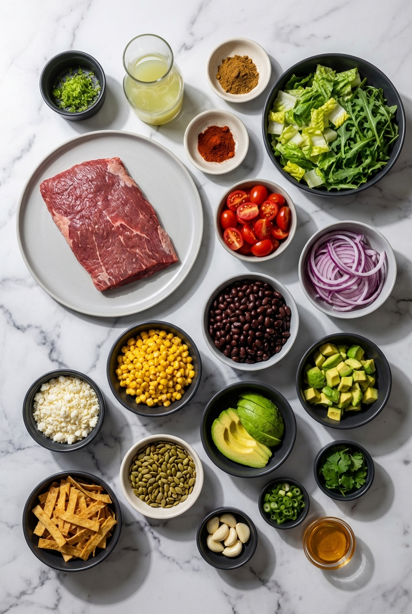 Flat lay of raw Flank Steak, black beans, Cotija cheese, pepitas, and fresh arugula on a contemporary countertop with natural lighting.
