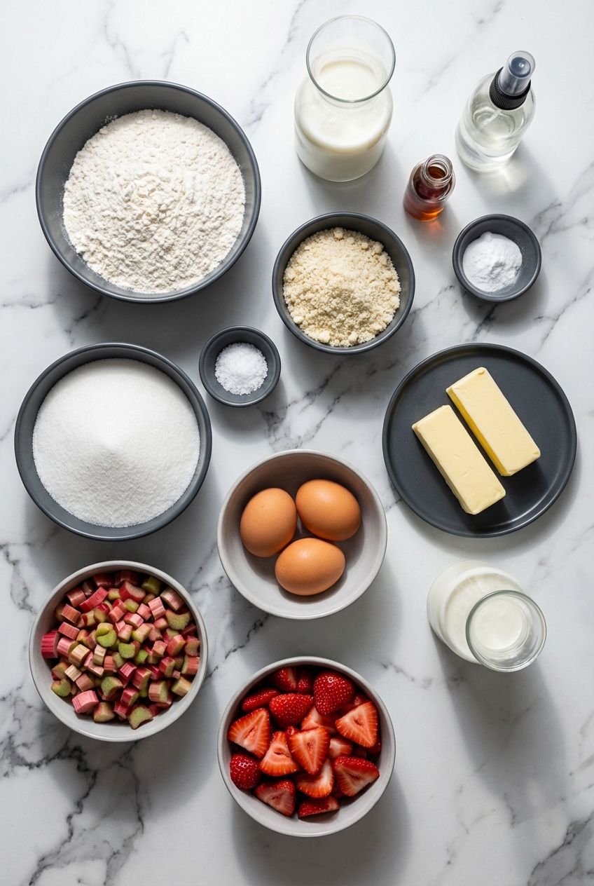 Flat lay of rhubarb, strawberries, buttermilk, and almond flour for Strawberry Rhubarb Breakfast Cake on a contemporary countertop.