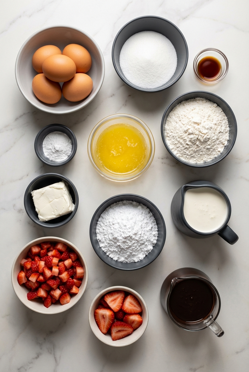 Flat lay of ingredients for Strawberry Shortcake Sushi including sponge cake components, whipped cream, and fresh basil on a contemporary countertop.