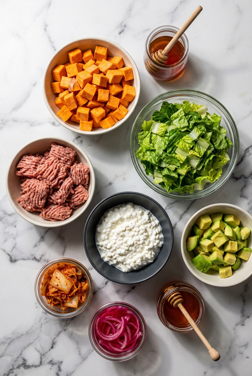 Flat lay of raw sweet potatoes, lean ground turkey, and fresh limes on a contemporary white marble countertop with soft shadows.
