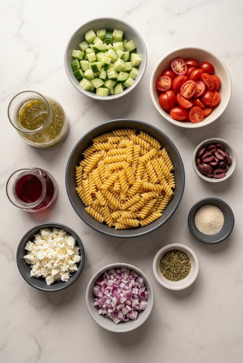 Flat lay of Traditional Greek Pasta Salad ingredients like English cucumber, Kalamata olives, and feta cheese on white marble.