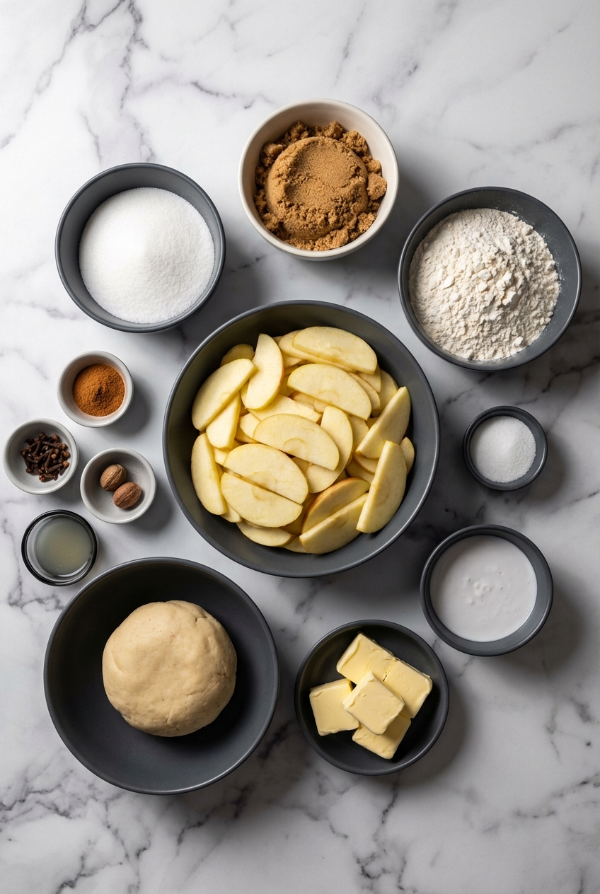 Flat lay of Granny Smith apples, Honeycrisp apples, vegan butter, and cinnamon on a contemporary white countertop.