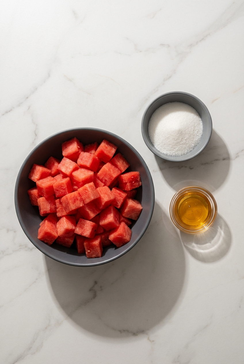 Fresh watermelon cubes, lime zest, and citric acid flat lay for Watermelon Fruit Roll Ups on a white marble surface.