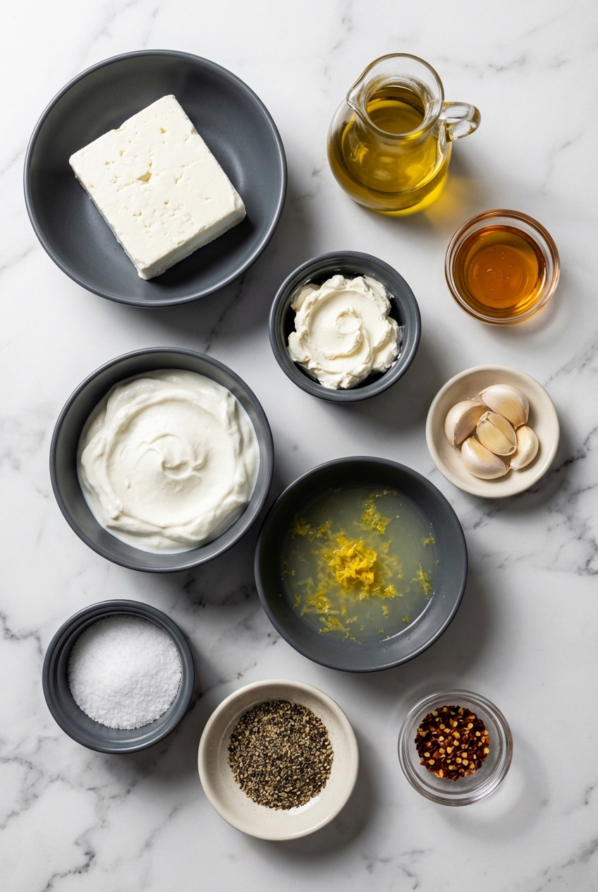 Flat lay of block feta cheese, Greek yogurt, and extra virgin olive oil on a white marble surface under natural window lighting.