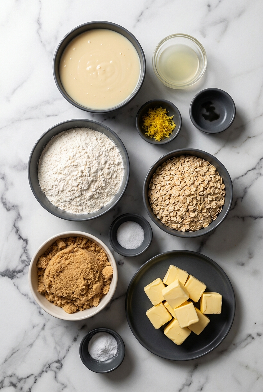Flat lay of ingredients for Zesty Lemon Crumb Bars including old-fashioned rolled oats, lemon zest, and sweetened condensed milk.