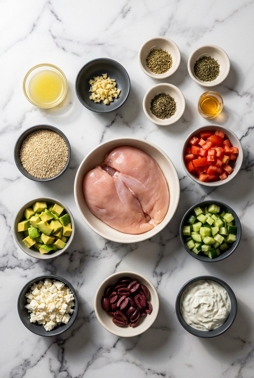 Overhead flat lay of Quinoa, Chicken breast, and English cucumber on a white marble surface for Grilled Chicken Greek Salad.