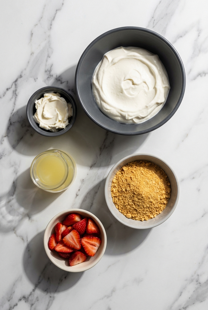 Flat lay composition of Greek yogurt, fresh strawberries, and lemon zest for Strawberry Lemon Frozen Yogurt Bark on a contemporary countertop.