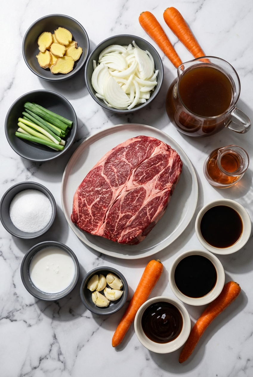 Flat lay of chuck roast, oyster sauce, and dried shiitake mushrooms for Pot Roast with Oyster Sauce Gravy on a marble surface.