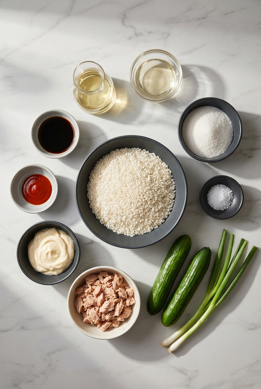 Flat lay of ingredients for Spicy Tuna Rice Salad Bowl including Sushi rice, canned Albacore, and Persian cucumbers on a marble surface.