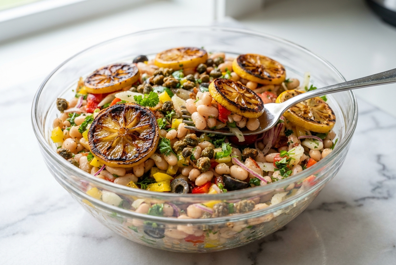 Italian White Bean Salad in a minimalist white ceramic bowl on marble, topped with charred lemon and fried capers.