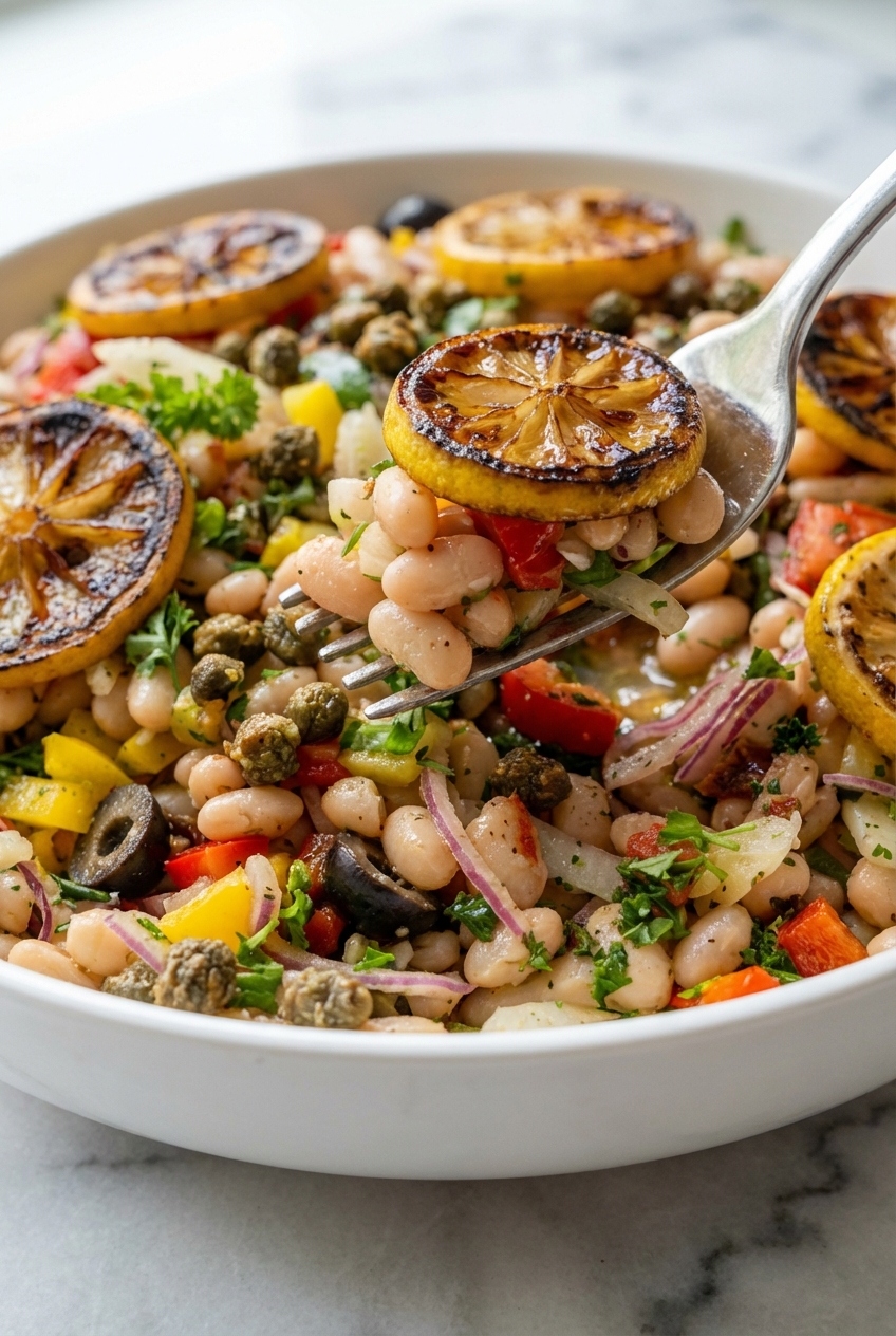 Macro view of creamy Cannellini beans coated in vinaigrette with textured fried capers in a minimalist ceramic vessel.