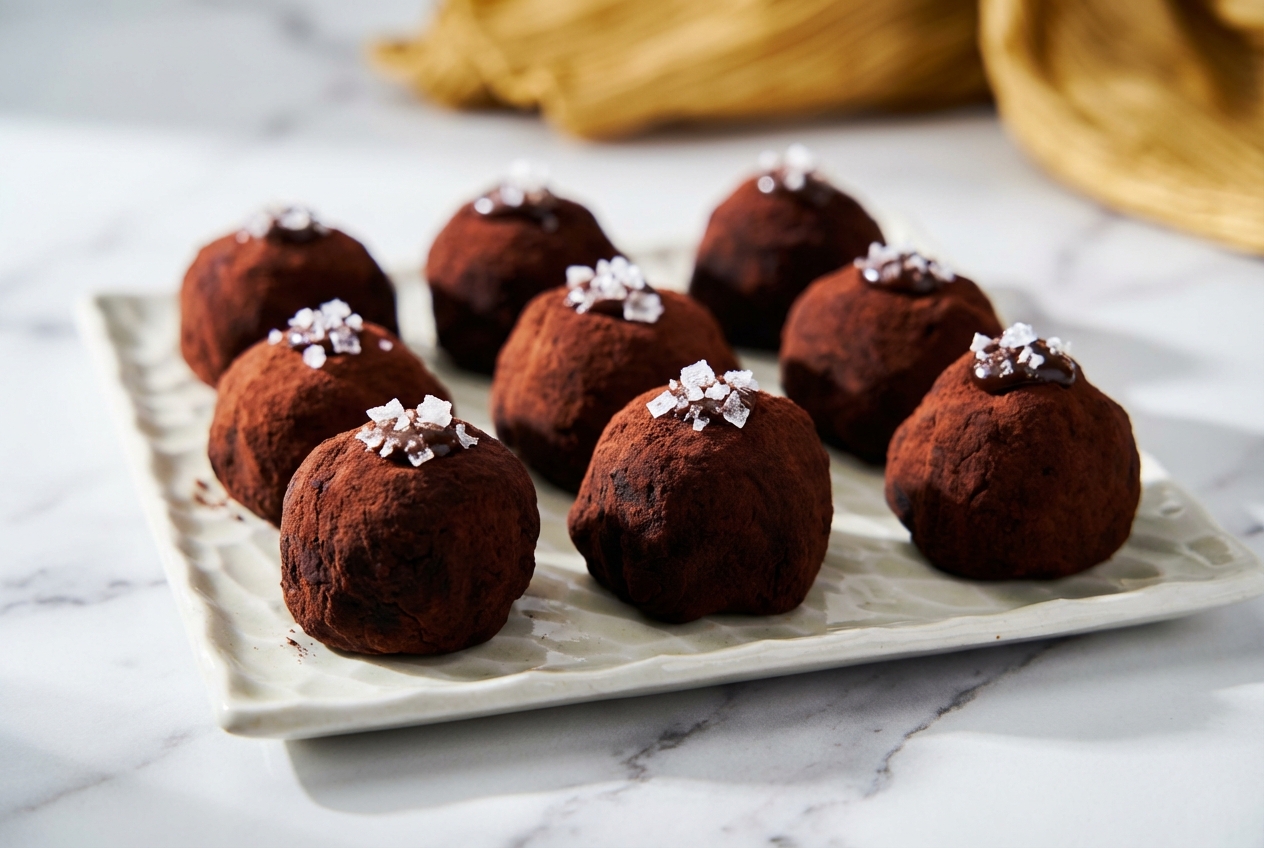 Japanese Chocolate Mochi dusted with cocoa on a white marble surface, featuring an espresso and sea salt ganache center.