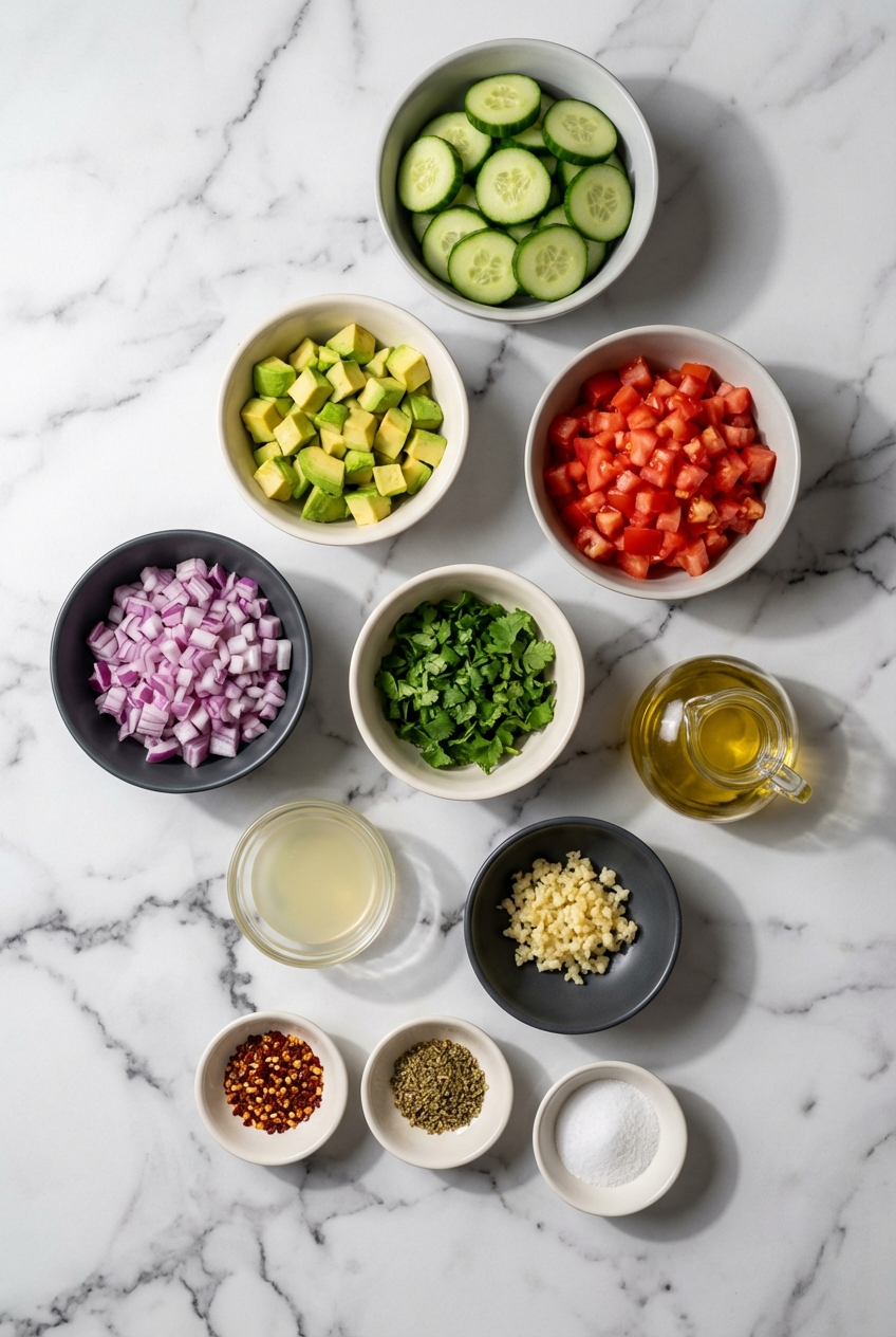 Flat lay of Hass Avocado, English Cucumber, and cold-pressed olive oil for Keto Avocado Salad on a contemporary countertop.